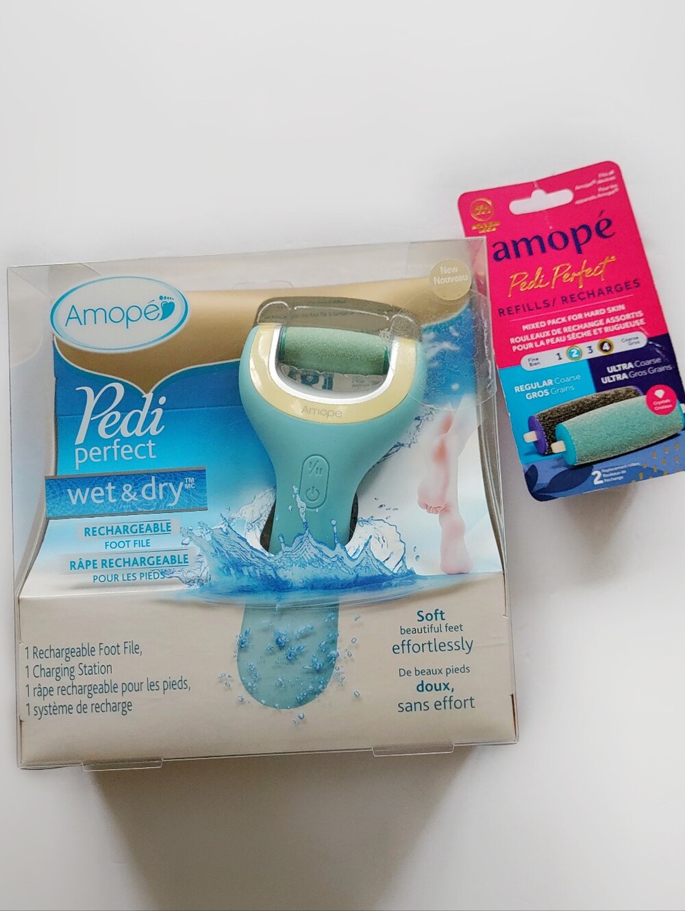 Amope Pedi Perfect Rechargeable Foot File Wet & Dry + Refill 2 Pack NWT